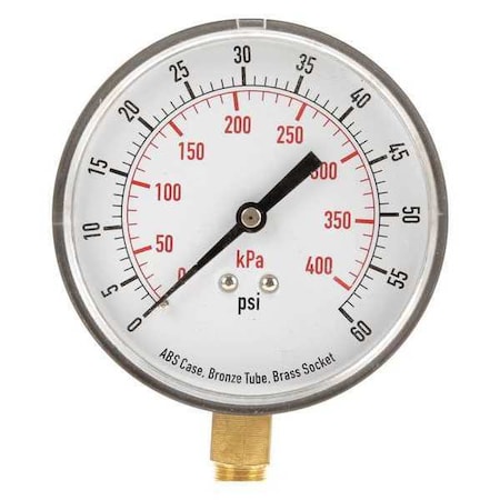 ZORO SELECT Pressure Gauge, 0 to 60 psi, 1/4 in MNPT, Plastic, Black 4FLX7