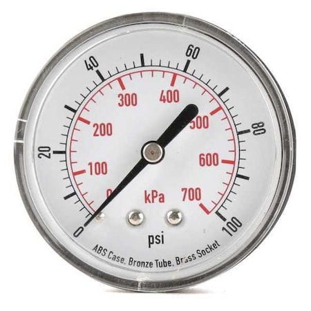Zoro Select Commercial Pressure Gauge, 0 to 100 psi, 2 1/2 in Dial, 1/4 in NPT, Center Back Location 4FME5