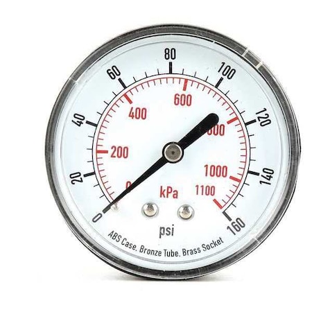 Zoro Select Commercial Pressure Gauge, 0 to 160 psi, 2 1/2 in Dial, 1/4 in NPT, Center Back Location 4FME6