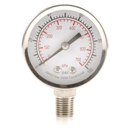 ZORO SELECT Pressure Gauge, 0 to 100 psi, 1/4 in MNPT, Stainless Steel, Silver 4FMK7