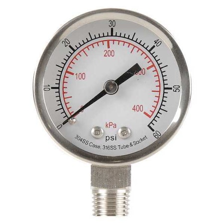 Zoro Select Commercial Pressure Gauge, 0 to 60 psi, 2 in Dial, 1/4 in NPT, Bottom Location 4FMK6