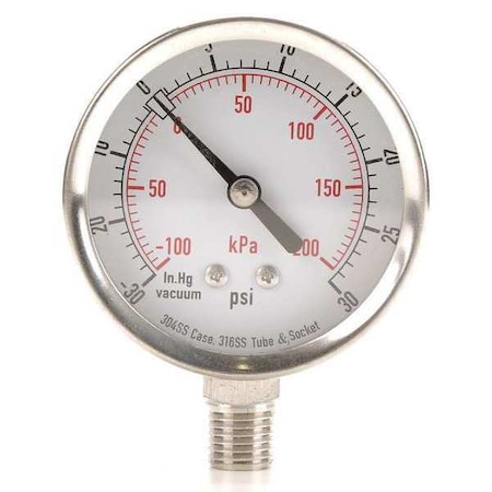Zoro Select Commercial Compound Gauge, 30 to 0 to 30 psi, 2 1/2 in Dial, 1/4 in NPT, Bottom Location 4FML9
