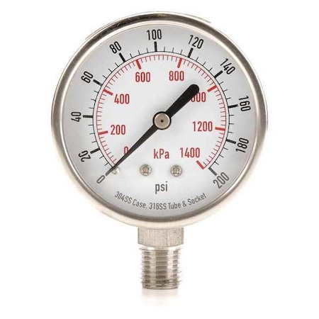 Zoro Select Commercial Pressure Gauge, 0 to 200 psi, 2 1/2 in Dial, 1/4 in NPT, Bottom Location 4FMN5