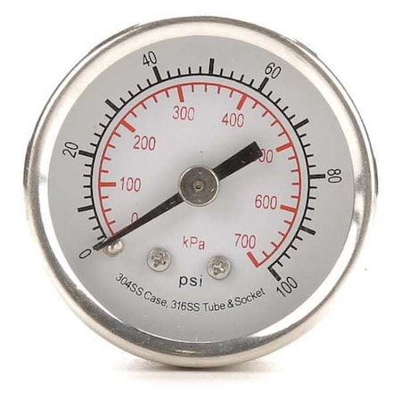 ZORO SELECT Pressure Gauge, 0 to 100 psi, 1/8 in MNPT, Stainless Steel, Silver 4FMT4