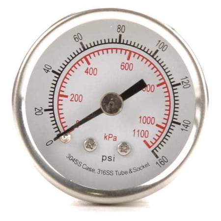 ZORO SELECT Pressure Gauge, 0 to 160 psi, 1/8 in MNPT, Stainless Steel, Silver 4FMT5