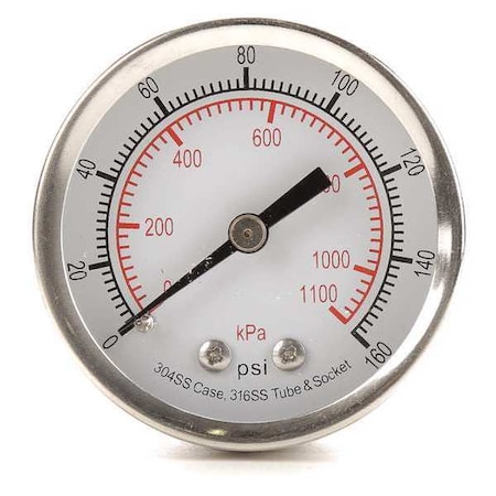 ZORO SELECT Pressure Gauge, 0 to 160 psi, 1/4 in MNPT, Stainless Steel, Silver 4FMV1