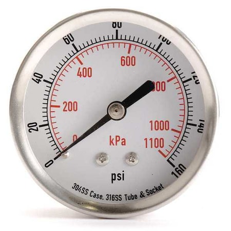 Zoro Select Commercial Pressure Gauge, 0 to 160 psi, 2 1/2 in Dial, 1/4 in NPT, Center Back Location 4FMW6