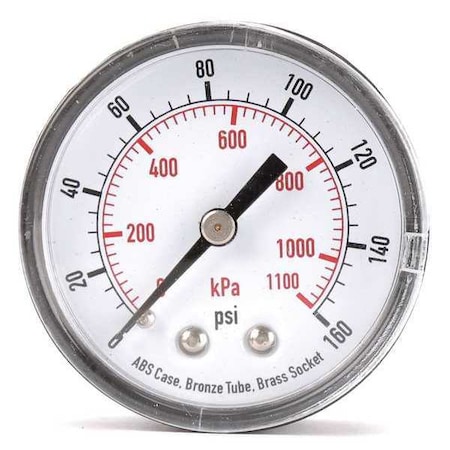 ZORO SELECT Pressure Gauge, Commercial, 0 to 160 psi, 2 in Dial, 1/4 in MNPT, Plastic, Black 4FMC7