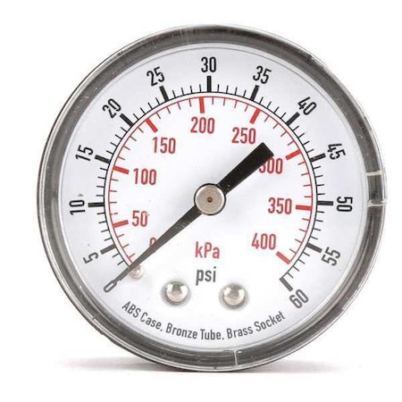 Zoro Select Pressure Gauge, Commercial, 0 to 60 psi, 2 in Dial, Acrylic Lens, 1/4 in MNPT, Plastic, Black 4FMC5