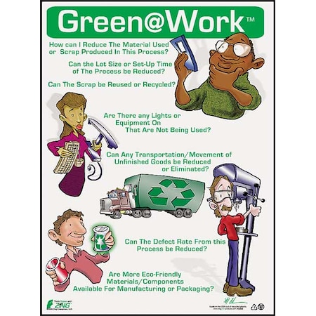 Zing Environmental Awareness Poster, Green at Work, 22 in H x, 16 in W, Plastic 5006