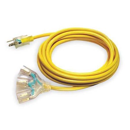 Zoro Select SJTOW Extension Cord, 14 AWG 3 Outlets, 5-15R, Yellow, PVC, 5-15P, 25ft 4GAC8