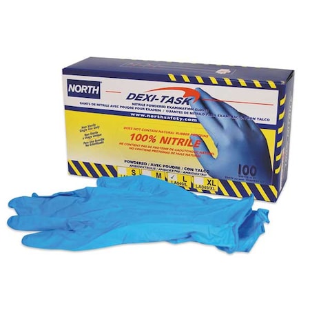 North Dexi-Task, Disposable Gloves, 5.00 to 5.99 mil Palm, Nitrile, Powdered, 7, 100 PK, Blue LA049/S