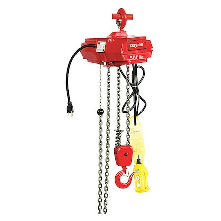 Dayton Electric Chain Hoist, 500 lb, 10 ft, Hook Mounted - No Trolley, 115V AC, Red 4GU71