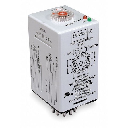 Dayton Time Delay Relay, 24VAC/DC, 12A, DPDT 4GY64