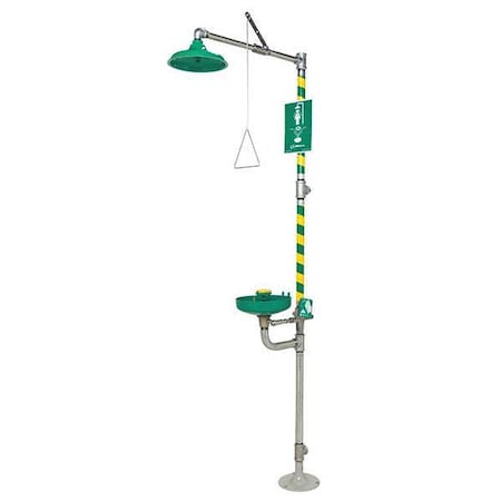 Haws Shower with Eyewash, Floor Mount, Galvanized Steel Pipe, 93 1/4 in H, Plastic Bowl, Green/Yellow 8320-8325