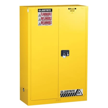 Justrite Flammables Safety Cabinet, Sure-Grip, Steel, 45 Gallon, 2 Shelves, 2 Doors, Self-Closing, Yellow 894520