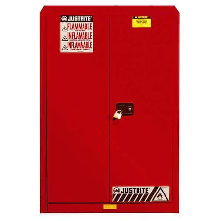 Justrite Flammables Safety Cabinet, Sure-Grip, Steel, 45 Gallon, 2 Shelves, 2 Doors, Self-Closing, Red 894521