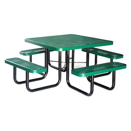 Zoro Select Square Picnic Table, Green, Expanded Metal, 4 Seats, 80 in L, 29 5/8 in H Overall Diamond Mesh 4HUR2