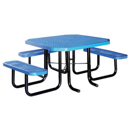 Zoro Select Octagon Picnic Table, Blue, Expanded Metal, 3 Seats, 80 in L, 29 5/8 in H Overall Diamond Mesh 4HUV7