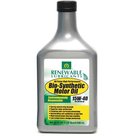 Renewable Lubricants Engine Oil, 15W-40, Bio-Synthetic, 1 Qt. 85351
