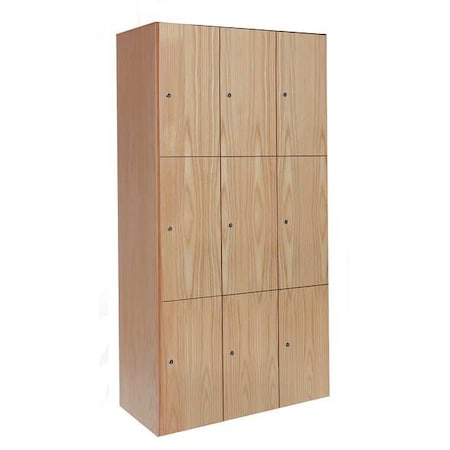 Hallowell Wardrobe Locker, 36 in W, 18 in D, 72 in H, (3) Tier, (3) Wide, Light Wood UW3282-3A-W-RO