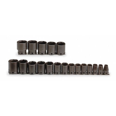 Proto 1/2" Drive Impact Socket Set, SAE, 19pcs, Impct Skt St, Steel, Blk Oxd, 3/8- 1 1/4 in J74106