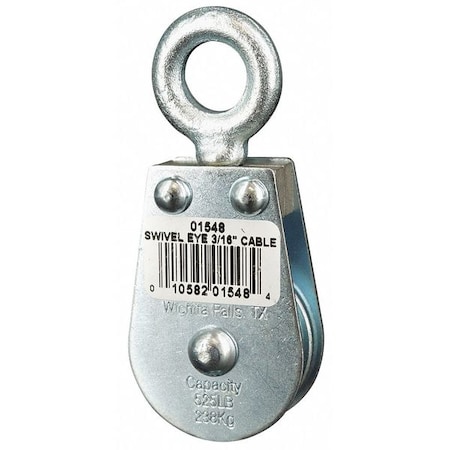 ZORO SELECT Pulley Block, Wire Rope, 3/16 in Max Cable Size, 525 lb Max Load, Zinc Plated 4JX64