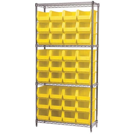 Akro-Mils Steel Wire Bin Shelving, 36 in W x 74 in H x 14 in D, 4 Shelves, Silver/Yellow AWS143630240Y