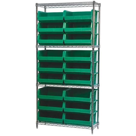 Akro-Mils Steel Wire Bin Shelving, 36 in W x 74 in H x 14 in D, 4 Shelves, Silver/Green AWS143630250G