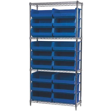 Akro-Mils Steel Wire Bin Shelving, 36 in W x 74 in H x 14 in D, 4 Shelves, Silver/Blue AWS143630250B