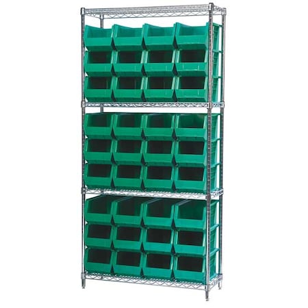 Akro-Mils Steel Wire Bin Shelving, 36 in W x 74 in H x 14 in D, 4 Shelves, Silver/Green AWS143630240G