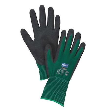 North Coated Gloves, Nitrile, Microfinish(TM), 3/4 Dip, Not Rated Abrasion Level, Black/Green, M 1 PR NF35/8M