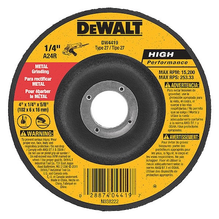 Dewalt Depressed Center Grinding Wheel, Type 27, 4 in Dia, 0.25 in Thick, 5/8 in Arbor Hole Size, 24 Grit DW4419