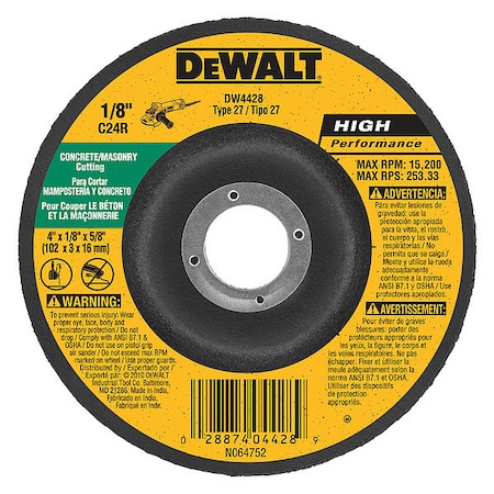 Dewalt Depressed Center Grinding Wheel, Type 27, 4 in Dia, 0.125 in Thick, 5/8 in Arbor Hole Size, 24 Grit DW4428