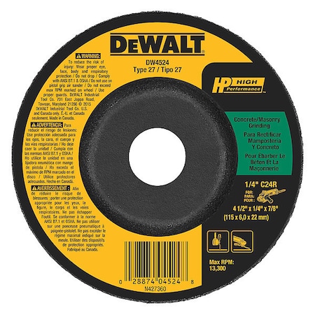 Dewalt Depressed Center Grinding Wheel, Type 27, 4 1/2 in Dia, 0.25 in Thick, 7/8 in Arbor Hole Size DW4524