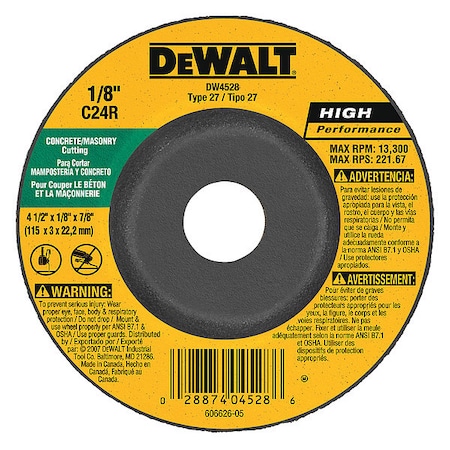 Dewalt Depressed Center Grinding Wheel, Type 27, 4 1/2 in Dia, 0.125 in Thick, 7/8 in Arbor Hole Size DW4528