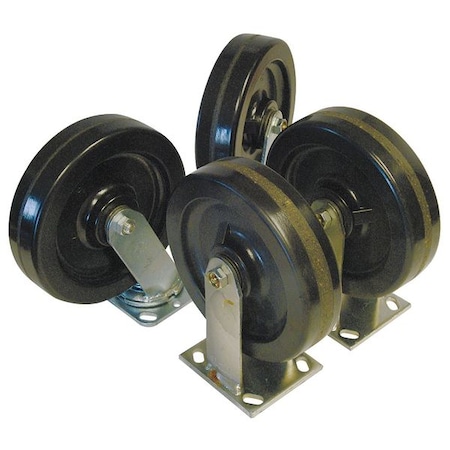 Zoro Select Plate Caster Kit, Rubber, 6 in., 600 lb, PK4 6604