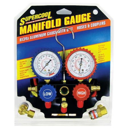 Supercool A/C Manifold Gauge, PSI and BAR, Aluminum 2211B