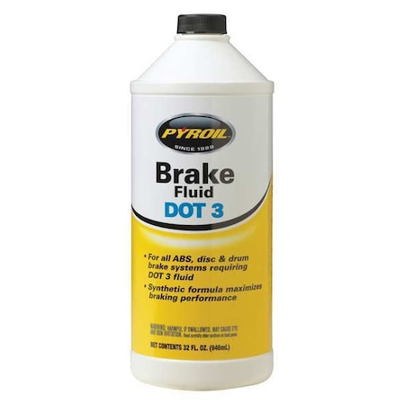 Pyroil Brake Fluid, Bottle, 1 qt, Disc Brakes/Drum Brakes, DOT 3, Glycol, Amber PYBF32