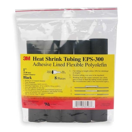 3M Adhesive Lined Heat Shrink Tube, Thin Wall, 3:1 I.D. Shrink Ratio, 0.19 in I.D. Before Shrinking, 10 PK EPS300-3/16-6"-BLACK-10-10 PC PKS