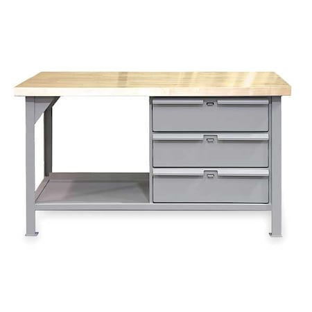 Strong Hold Industrial Shop Table with 3 drawers, Butcher Block, 60" W, 34" Height, 8250 lb., Straight T6036-3DB-MT
