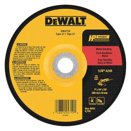 Dewalt Depressed Center Grinding Wheel, Type 27, 7 in Dia, 0.25 in Thick, 7/8 in Arbor Hole Size, 24 Grit DW4719