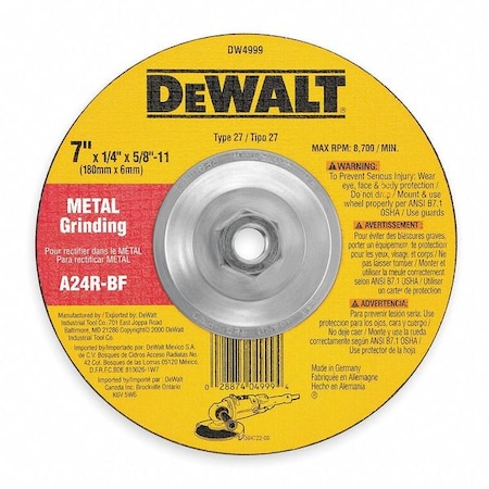 Dewalt Depressed Center Grinding Wheel, Type 27, 5 in Dia, 0.25 in Thick, 5/8"-11 Arbor Hole Size, 24 Grit DW4623