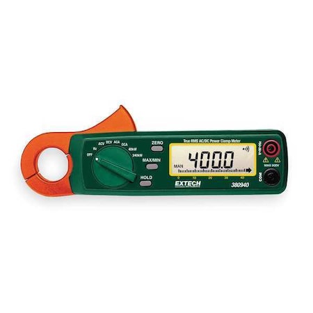 Extech Clamp-On Power Meter Kit, LCD with 40 Segment Bargraph, 240kW, 400 A, Cat II 600V Safety Rating 380940-NIST