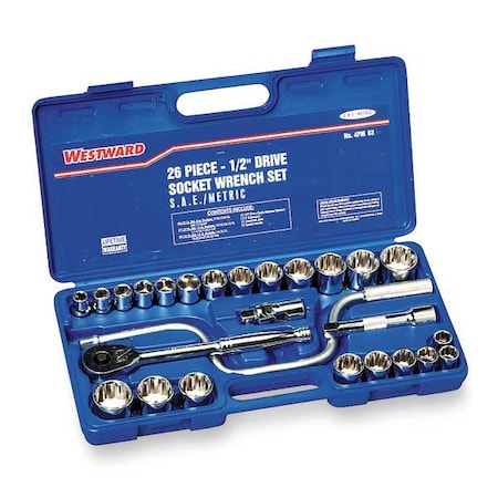 WESTWARD 1/2" Drive Socket Wrench Set SAE, Metric 26 Pieces 14 mm to 32 mm, 7/16 in to 1 1/4 in , Chrome 4PM03