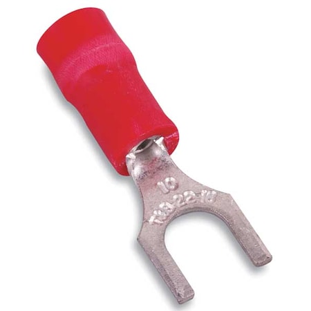Sta-Kon Fork Terminal, #10 Stud Size, 16 AWG, 600 V, Vinyl Insulated, Red, Crimp Termination Only, 100 PK 18RA-10F