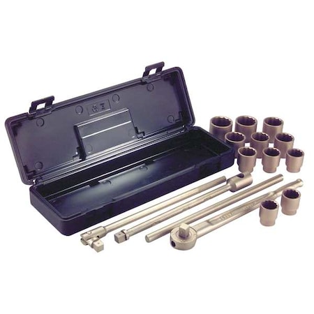 Ampco Safety Tools 3/4" Drive Socket Set SAE 15 Pieces 1 5/16 in to 2 in , Beryllium Copper Alloy Plated W-291