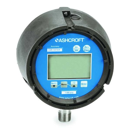 Ashcroft Digital Test Pressure Gauge, 0 to 600 psi, 4 1/2 in Dial, 1/4 in NPT, Bottom Location 452074SD02L600BL
