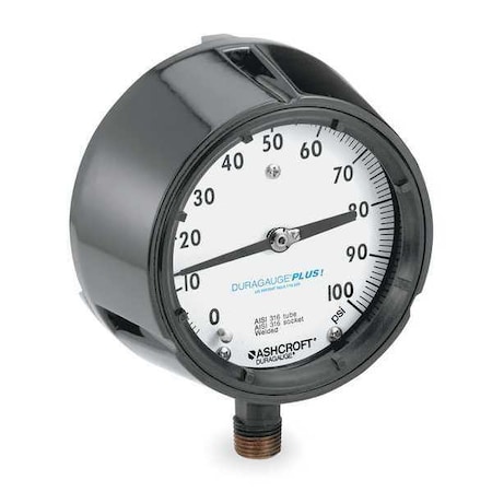 Ashcroft Process Pressure Gauge, 0 to 100 psi, 4 1/2 in Dial, 1/2 in NPT, Bottom Location 451279SS04LXLL100
