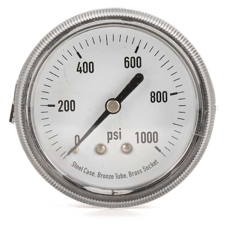 Zoro Select Panel-Mount Pressure Gauge, 0 to 1,000 psi, 2 1/2 in Dial, 1/4 in NPT, Center Back Location 4UA29